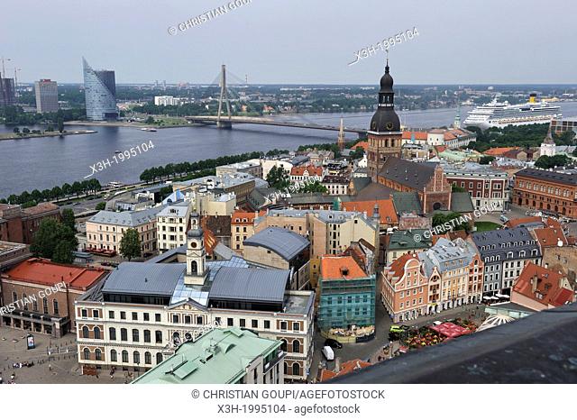 aerial view over the Daugava River and the Dome Cathedral from St Peter's Church tower, Riga, Latvia, Baltic region, Northern Europe