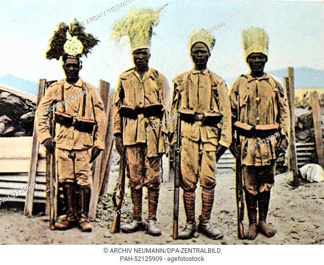The contemporary colorized German propaganda photo shows Askaris - native soldiers of the Schutztruppe for German East Aftrica