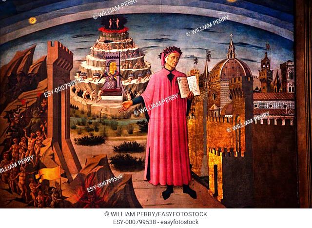 Dante and Divine Comedy painted by Domenico di Michelino in 1465 Duomo Basilica Cathedral, Church Florence Italy