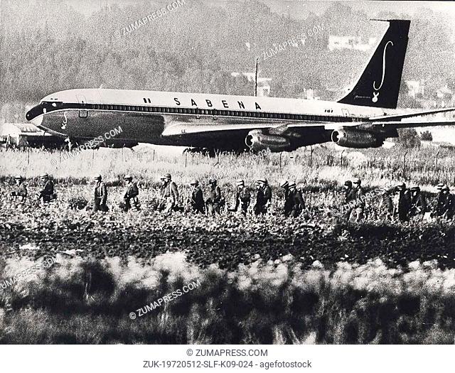 May 12, 1972 - Tel Aviv, Israel - Soldiers surround a hijacked Sabena Airlines Boeing 707 after terrorist tried to seize the aircraft at Lod Airport