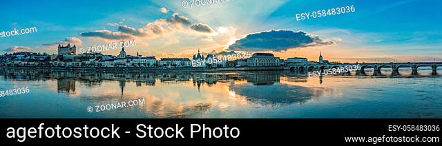 A panorama of Saumur focused on the river Loire and its landmarks