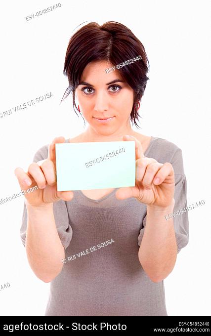 young beautiful woman showing a card, isolated