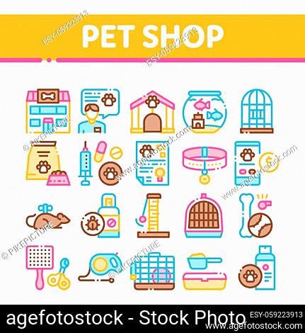 Pet Shop Collection Elements Icons Set Vector Thin Line. Shop Building And Aquarium, Bowl And Collar, Gaming Accessory And Medicaments Concept Linear Pictograms