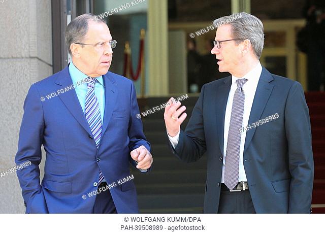 German Foreign Minister Guido Westerwelle (FDP) receives Russian Foreign Minister Sergey Lavrov (L) in the Foreign Office in Berlin, Germany, 15 May 2013