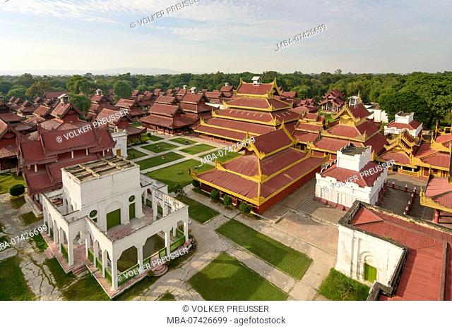 Mandalay, Mandalay Palace, view from Nan Myin Watchtower to palace, Mandalay Region, Myanmar (Burma)
