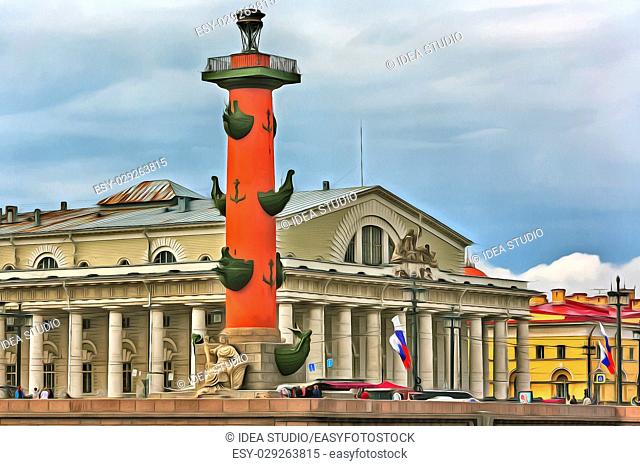 Colorful painting of Rostral Column at St. Petersburg