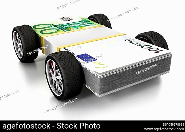 Race tyres connected to 100 Euro bills. 3D illustration