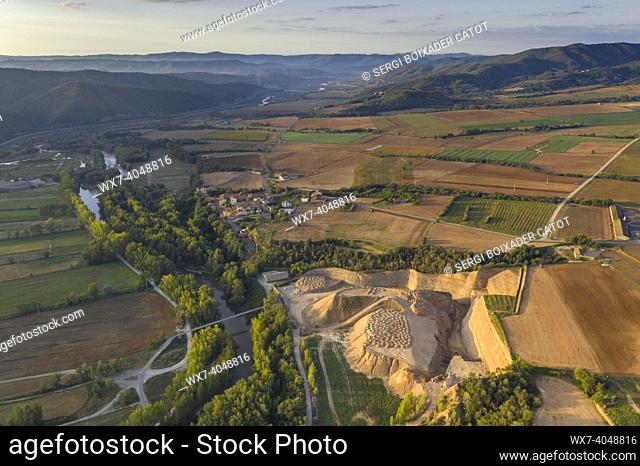 Aerial view of fields and the Segre river near Peramola (Alt Urgell, Lleida, Catalonia, Spain)