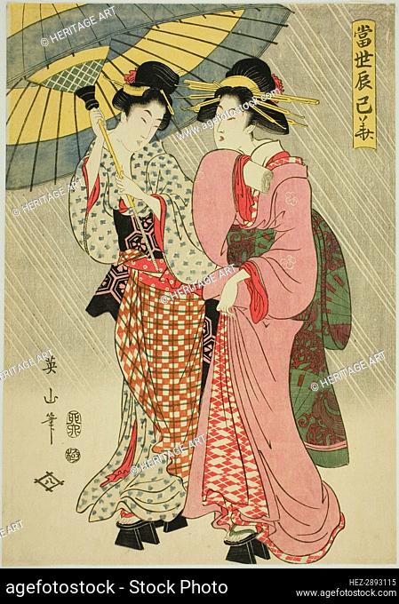 Two girls under an umbrella, from the series Contemporary Flowers of the Southeast.., 1807. Creator: Kikukawa Eizan