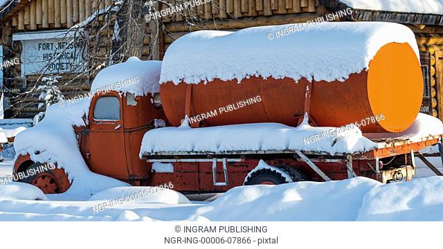 Snow covered tanker truck Fort Nelson, British Columbia, Canada