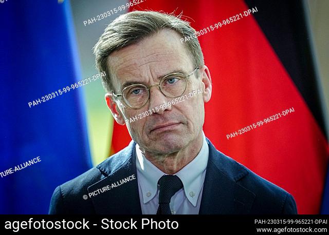 15 March 2023, Berlin: Ulf Kristersson, Prime Minister of Sweden, gives a press conference alongside the Chancellor at the Federal Chancellery
