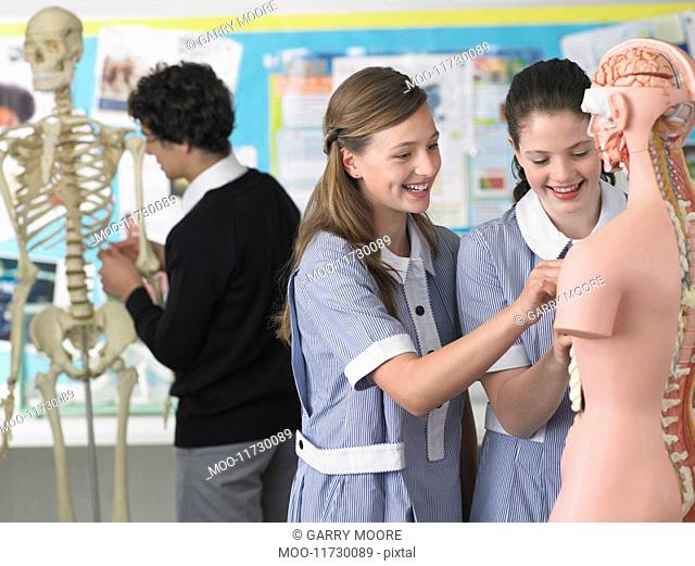 Two laughing high school students examining part of anatomical model in classroom