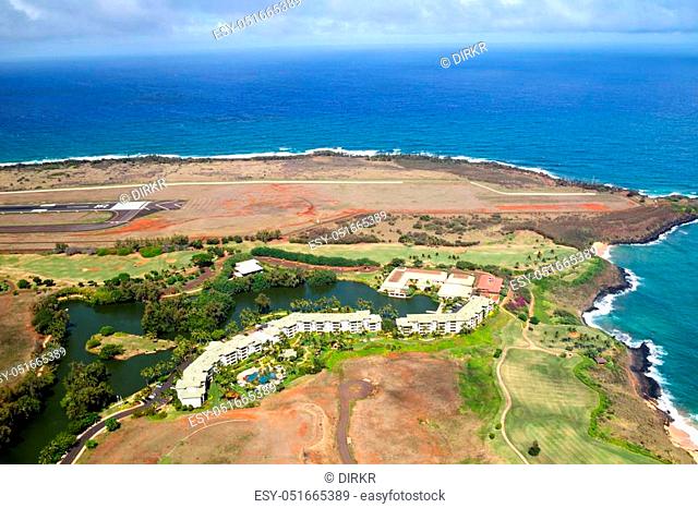 Aerial view of the Kauai Marriot Resort near the airport of Lihue, Kauai, Hawaii, USA