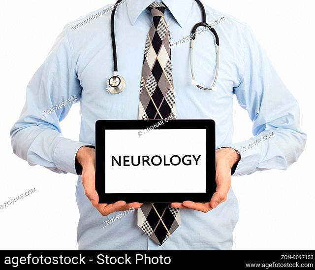 Doctor, isolated on white backgroun, holding digital tablet - Neurology