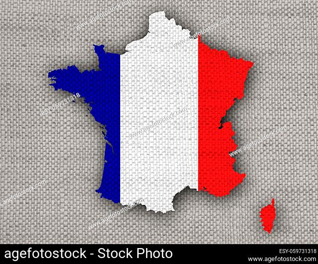 Karte und Fahne von Frankreich auf altem Leinen - Map and flag of France on old linen
