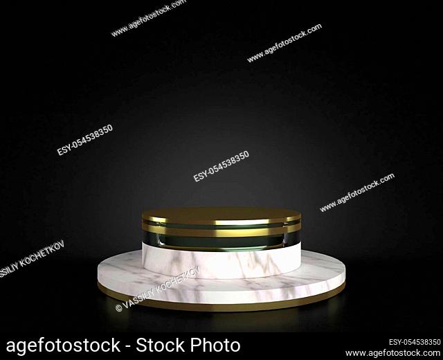 3d rendering of white marble with gold pedestal isolated on black background memorial board, cylinder steps, abstract minimal concept, blank space, clean design