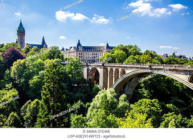 Grand Duchy of Luxembourg, Luxembourg, Luxembourg City. View of Adolphe Bridge looking towards the Place de Metz with the State Savings Bank on the left in...