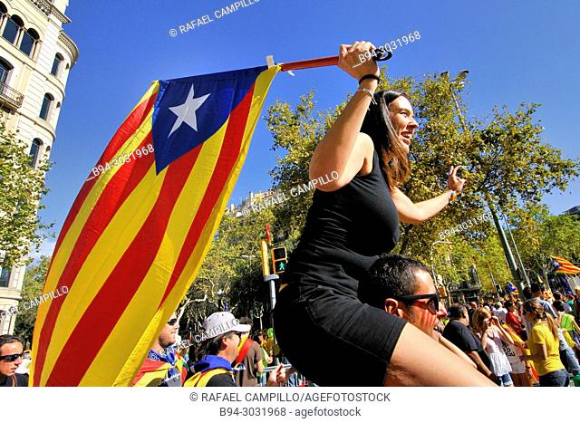 Political demonstration for the independence of Catalonia. Estelades, Catalan independent flags. October 2017. Barcelona, Catalonia, Spain