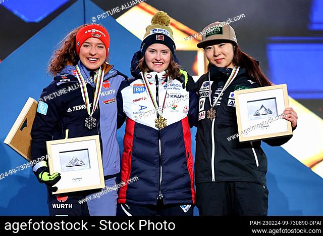 24 February 2023, Slovenia, Kranjska Gora: Nordic skiing: World Championships, Nordic combined, individual, women, award ceremony