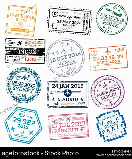Collection of Passport Stamps Isolated on White. Vector Illustration. Set from Different Countries and Cities. Delhi. London. New York. Moscow. Paris