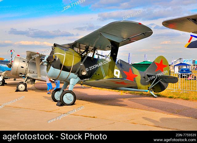 MOSCOW, RUSSIA - AUG 2015: Soviet biplane fighter I-15 Chaika presented at the 12th MAKS-2015 International Aviation and Space Show on August 28, 2015 in Moscow