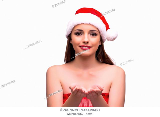 Santa girl holding hands isolated on white