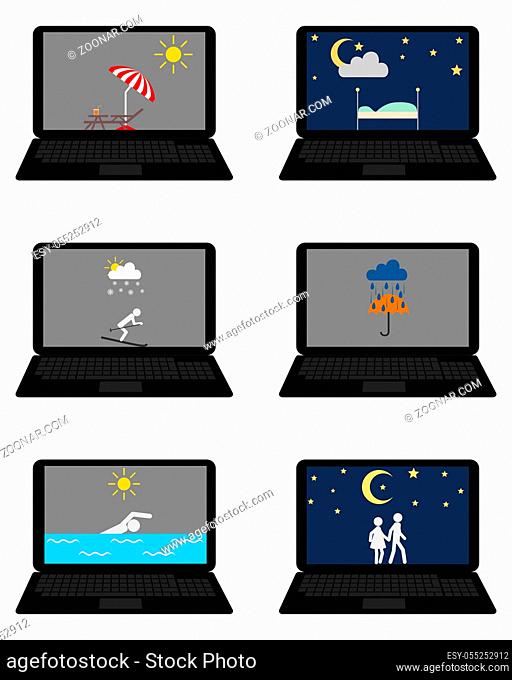 Verschiedene Wettersymbole und Freizeitaktivitäten auf Laptop - Various weathers symbols and leisure activities on laptop