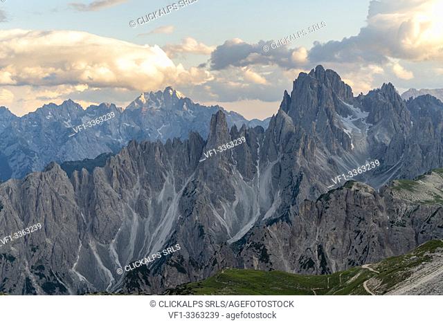 Cadini di Misurina and Marmarole group in the background in summer. Sesto Dolomites, Trentino Alto Adige, Italy