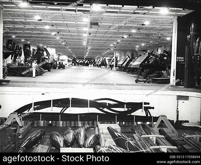 Carrier FDR's Hanger Deck - Wings folded, Navy planes are stored on the hangar deck of the carrier Franklin D. Roosevelt during the vessel's recent shakedown...