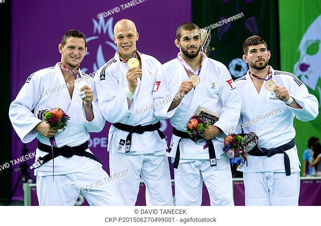 From left silver Lukas Krpalek from Czech Republic, winner Henk Grol from Netherlands and third placed Toma Nikiforov of Belgium and Cyrille Maret of France...