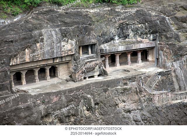 General view of cave Nos. 21 to 23 at Ajanta, Maharashtra