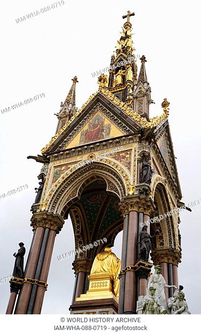 The Albert Memorial in Kensington Gardens, London. Commissioned by Queen Victoria in memory of her beloved husband, Prince Albert who died of typhoid in 1861