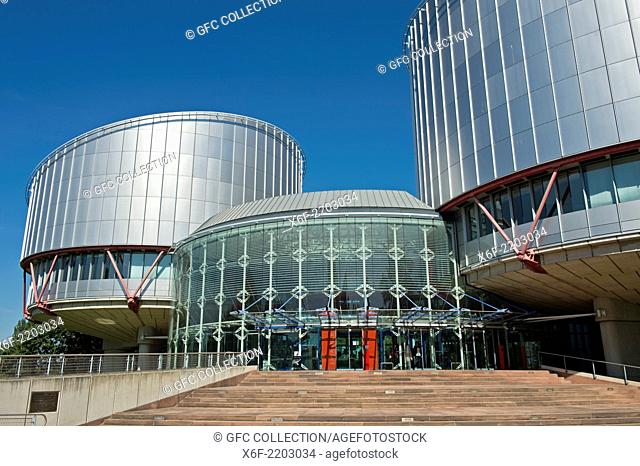 European Court of Human Rights building (ECtHR) with the cylindrical buildings of the courtrooms by the architect Richard Rogers, Strasbourg, Alsace, France