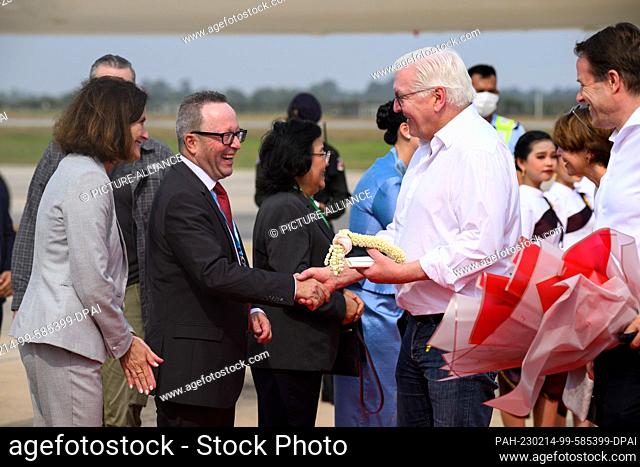 14 February 2023, Cambodia, Siemreab: Federal President Frank-Walter Steinmeier (Mr) and his wife Elke Büdenbender (2nd from right) arrive at Siem Reap...