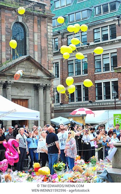 Relatives of the Manchester Bombings released balloons in St Ann square, Manchester. Featuring: Atmosphere, Relatives Where: Liverpool