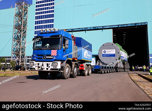 RUSSIA, ROSTOV-ON-DON REGION - SEPTEMBER 25, 2023: A truck carries a reactor pressure vessel for Power Unit 3 of Turkey's Akkuyu Nuclear Power Plant at the...
