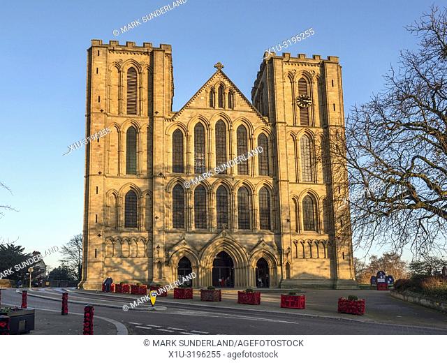 The West Front of Ripon Cathedral at sunset Ripon North Yorkshire England