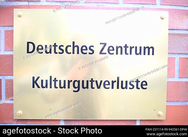 14 November 2023, Saxony-Anhalt, Magdeburg: ""Deutsches Zentrum Kulturgutverluste"" (German Lost Art Foundation) is written on a sign hanging at the entrance to...