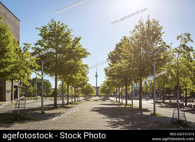 Germany, Berlin, Treelined street in Government District with Berlin Television Tower in background