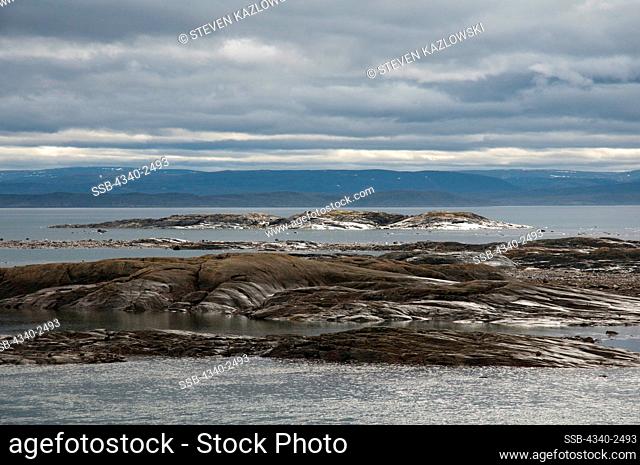 Summer landscape view of where the Sylvia Grinnell River empties out into Frobisher Bay, Sylvia Grinnell Territorial Park, outside the capital city of Iqaluit