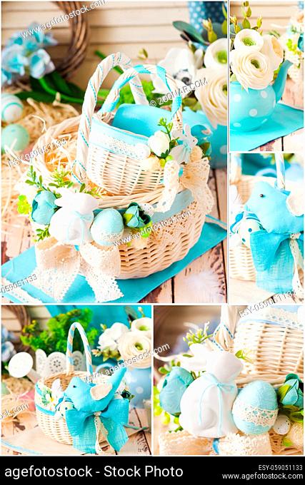 Easter designed provence decor. Wicker baskets with textile bird or ceramic bunny, napkin with lace and eggs. Greeting card design