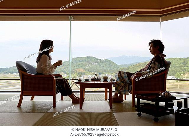 Japanese father and daughter at a traditional hotel