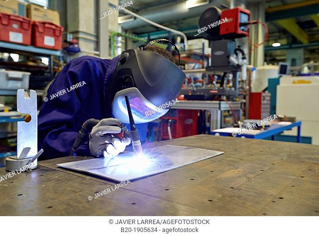Researcher with TIG welding equipment, making joints by electrical arc, Industry, Tecnalia Research & innovation, Technology and Research Centre
