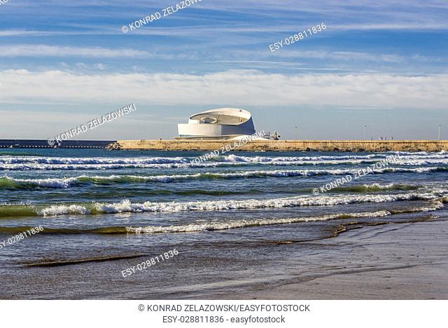Port of Leixoes new Cruise Terminal building seen from beach in Matosinhos city, bordered with Porto, part of Grande Porto subregion in Portugal