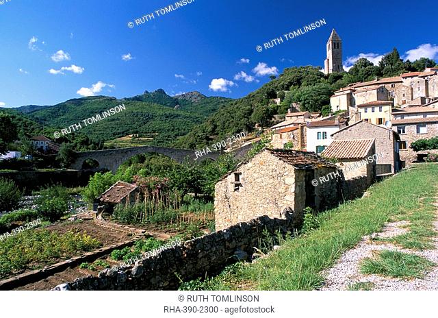 View to village on hillside above the Jaur river, Olargues, Herault, Languedoc-Roussillon, France, Europe