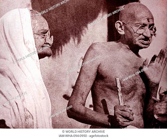 Mahatma Gandhi and his wife Kasturba, at Sevagram a village in the state of Maharashtra, India. Sevagram was the place of Mohandas Gandhi's ashram and his...
