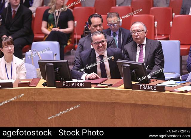 United Nations, New York, USA, July, 21 2023 - Gustavo Manrique, Minister for Foreign Affairs of Ecuador, addresses the Security Council meeting on maintenance...