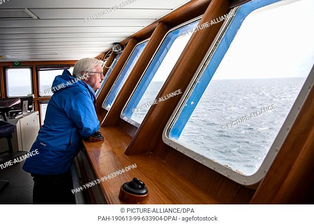 13 June 2019, Iceland, Westmännerinseln: Federal President Frank-Walter Steinmeier watches the sea on a ferry trip to Heimaey Island on the Westman Islands