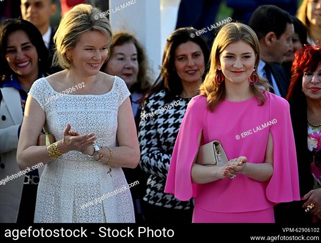 Queen Mathilde of Belgium and Crown Princess Elisabeth pictured at a royal visit to the exhibition 'Queen Elisabeth' at the Baron Empain Palace in Cairo