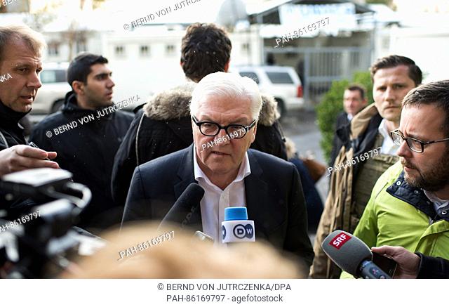German Minister of Foreign Affairs Frank-Walter Steinmeier (c, SPD) gives a statement at the UNHCR offices in Zahlé, Lebanon, 2 December 2016